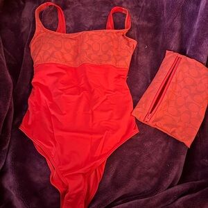Coach Vibrant Red One Piece Swimsuit with Pouch